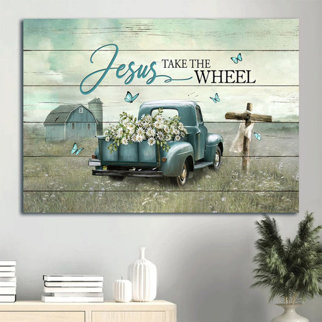 Daisy Field Ladybug Car Wooden Cross Blue Butterfly Canvas Jesus Take The Wheel Canvas Wall Art - Christian Wall Decor