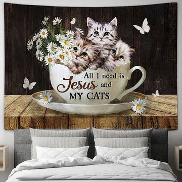 Daisy Flower All I Need Is Jesus And My Cats Tapestry Painting - Christian Wall Art - Gifts For Cat Lovers