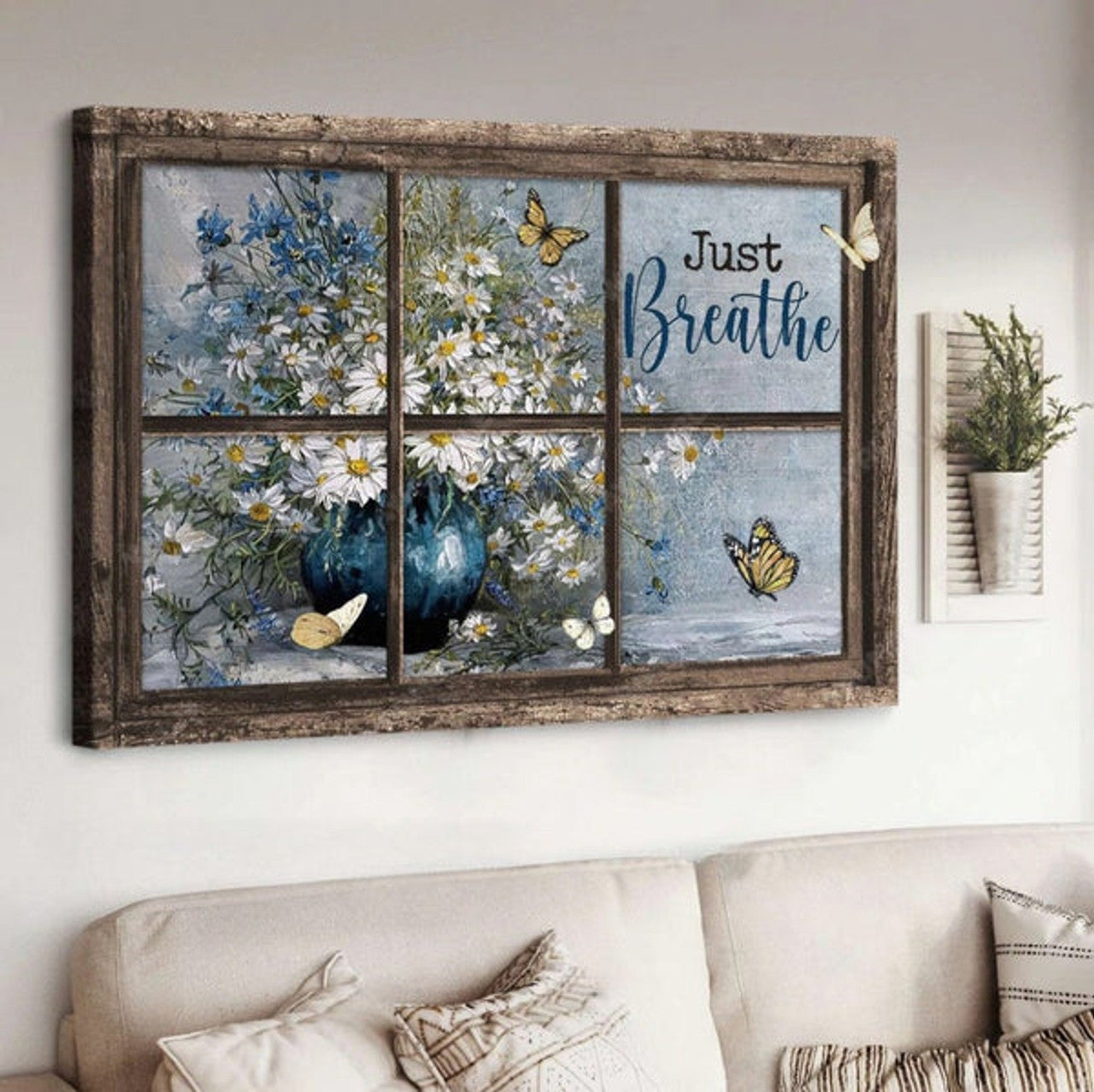 Daisy Vase Antique Window Colorful Butterfly Just Breathe Canvas Wall Art - Christian Poster - Religious Wall Decor
