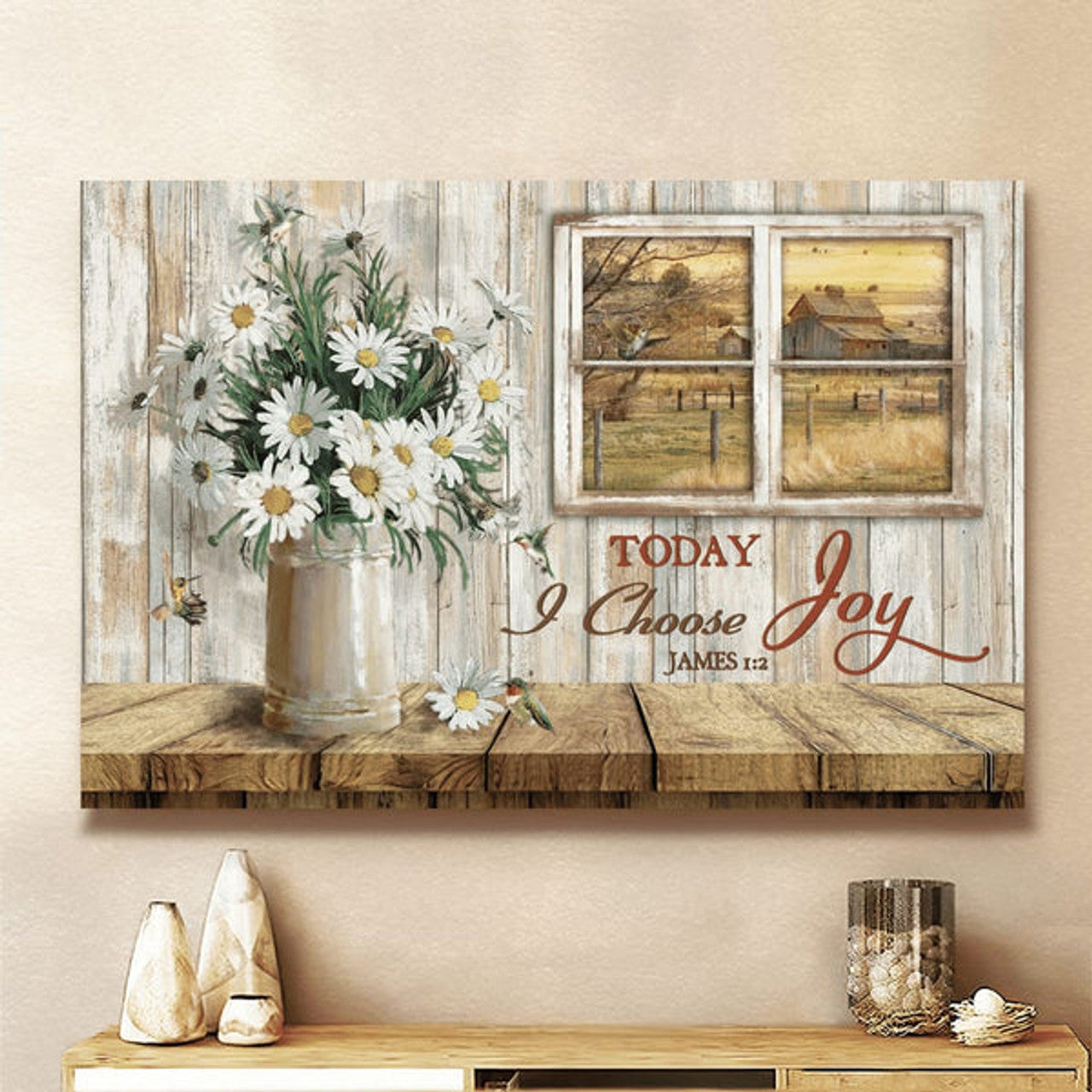 Daisy Vase Today I Choose Joy Farm Landscape Canvas Wall Art - Christian Poster - Religious Wall Decor