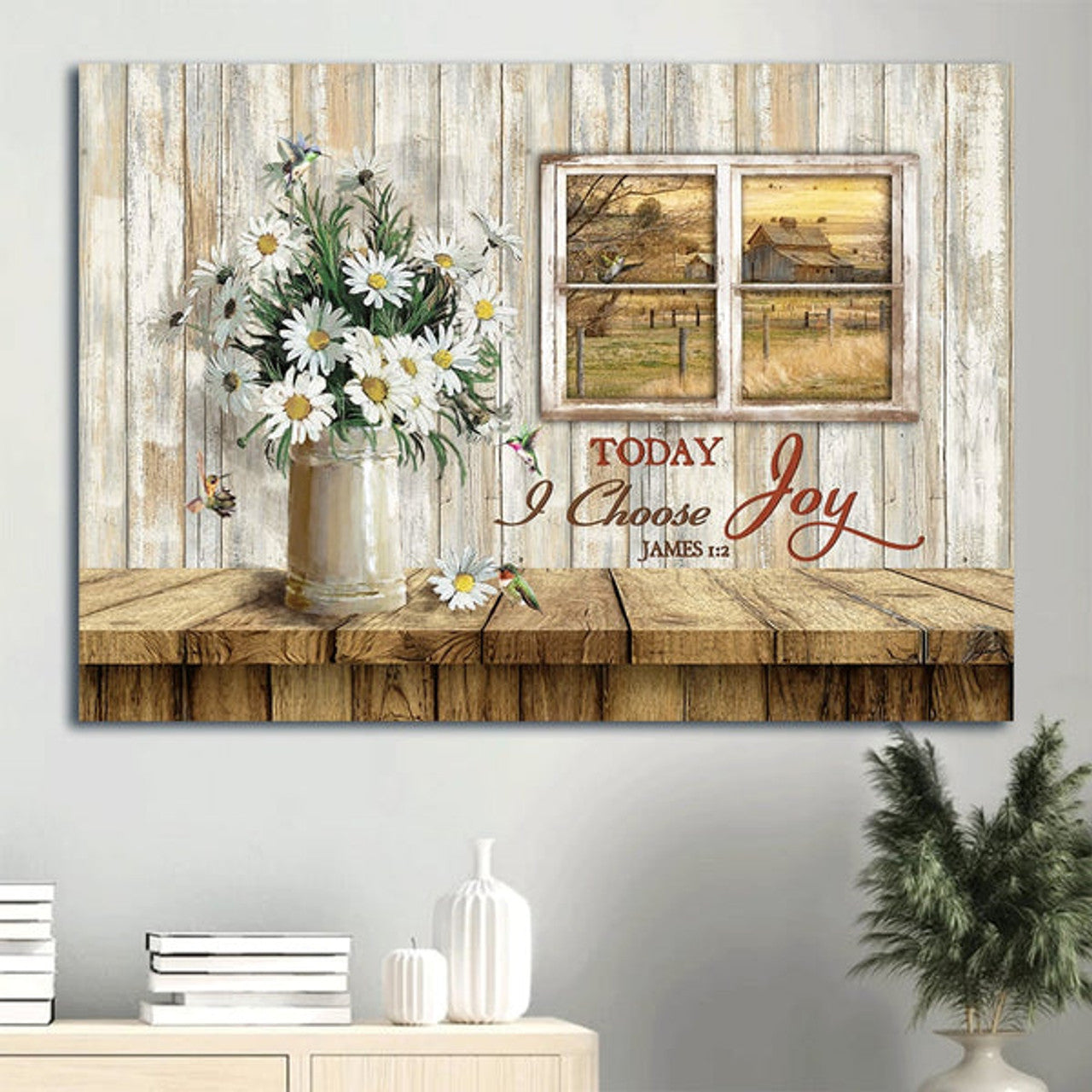 Daisy Vase Window Frame Farmhouse Meadow Land Canvas Today I Choose Joy Canvas Wall Art - Christian Wall Decor