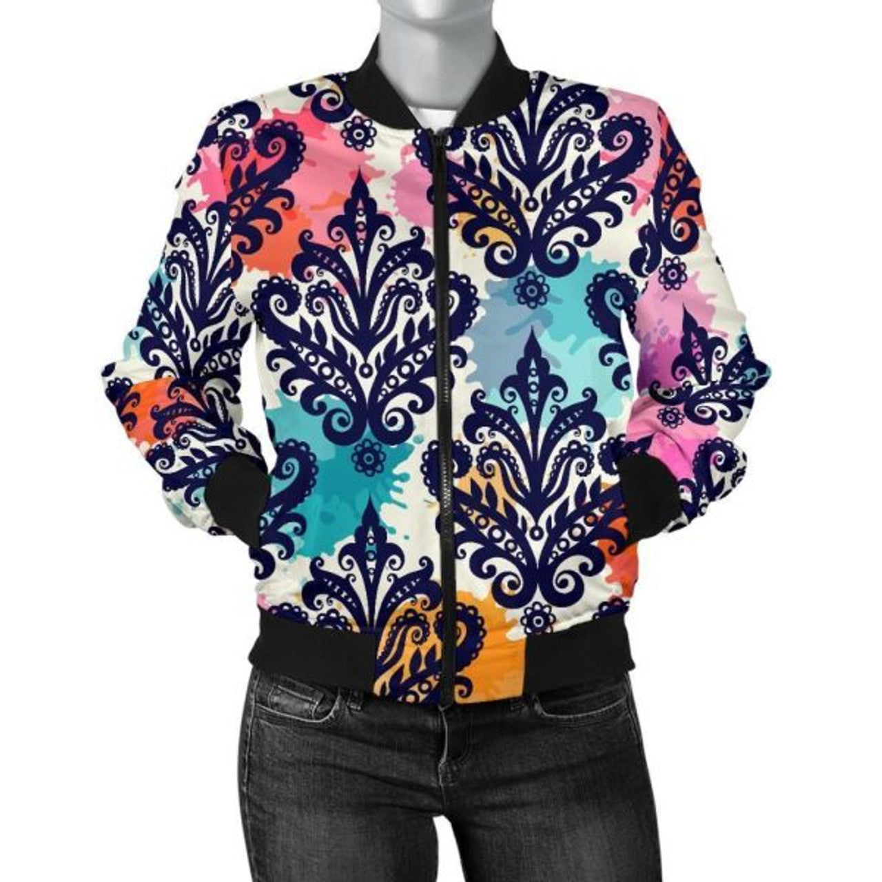 FUNSTUFFPRINT Damask Colorful Pattern Print Women Casual 3D Bomber Jacket
