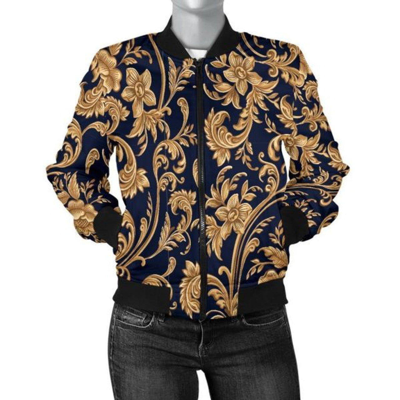 FUNSTUFFPRINT Damask Gold Pattern Print Women Casual 3D Bomber Jacket