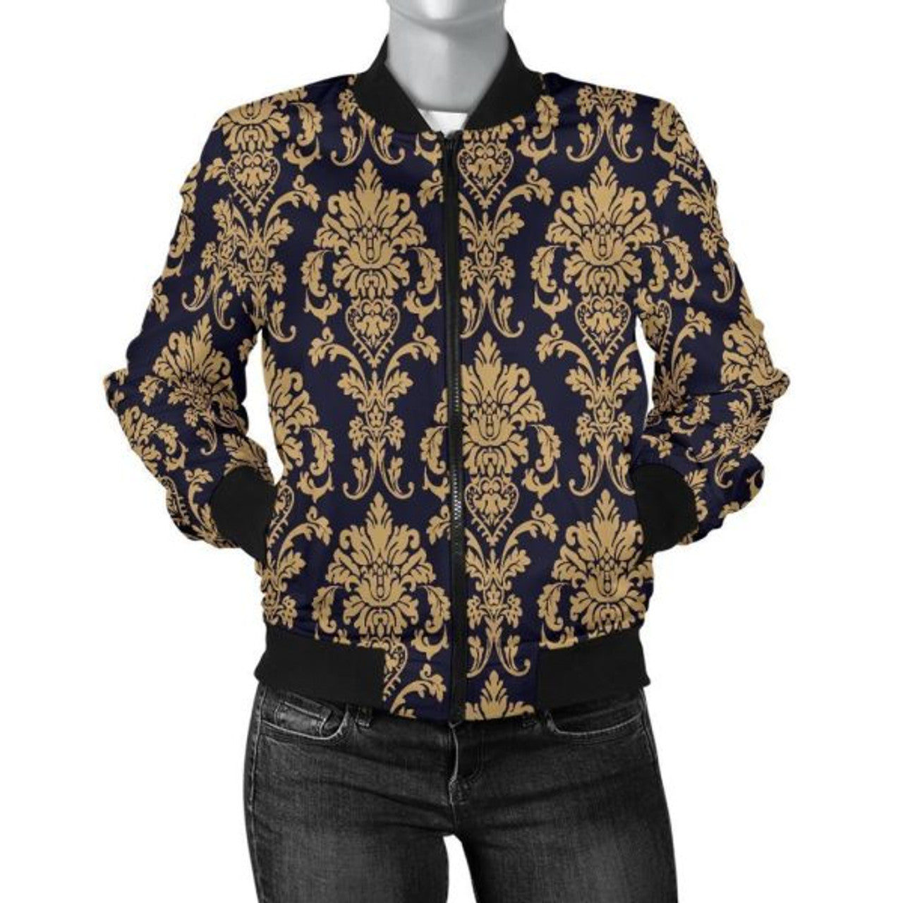 FUNSTUFFPRINT Damask Gold Print Pattern Women Casual 3D Bomber Jacket