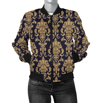FUNSTUFFPRINT Damask Gold Print Pattern Women Casual 3D Bomber Jacket