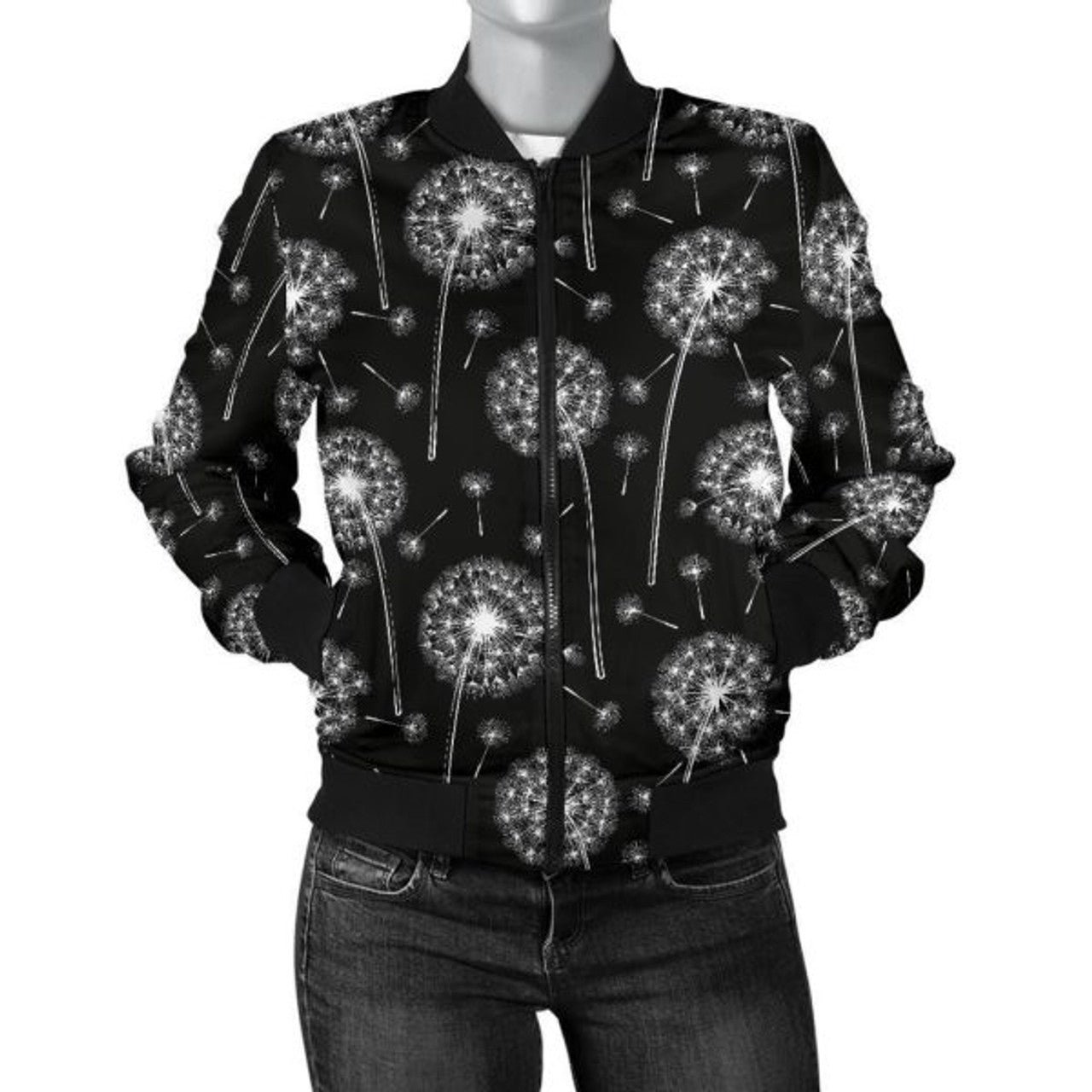 FUNSTUFFPRINT Dandelion Black Pattern Print Women Casual 3D Bomber Jacket