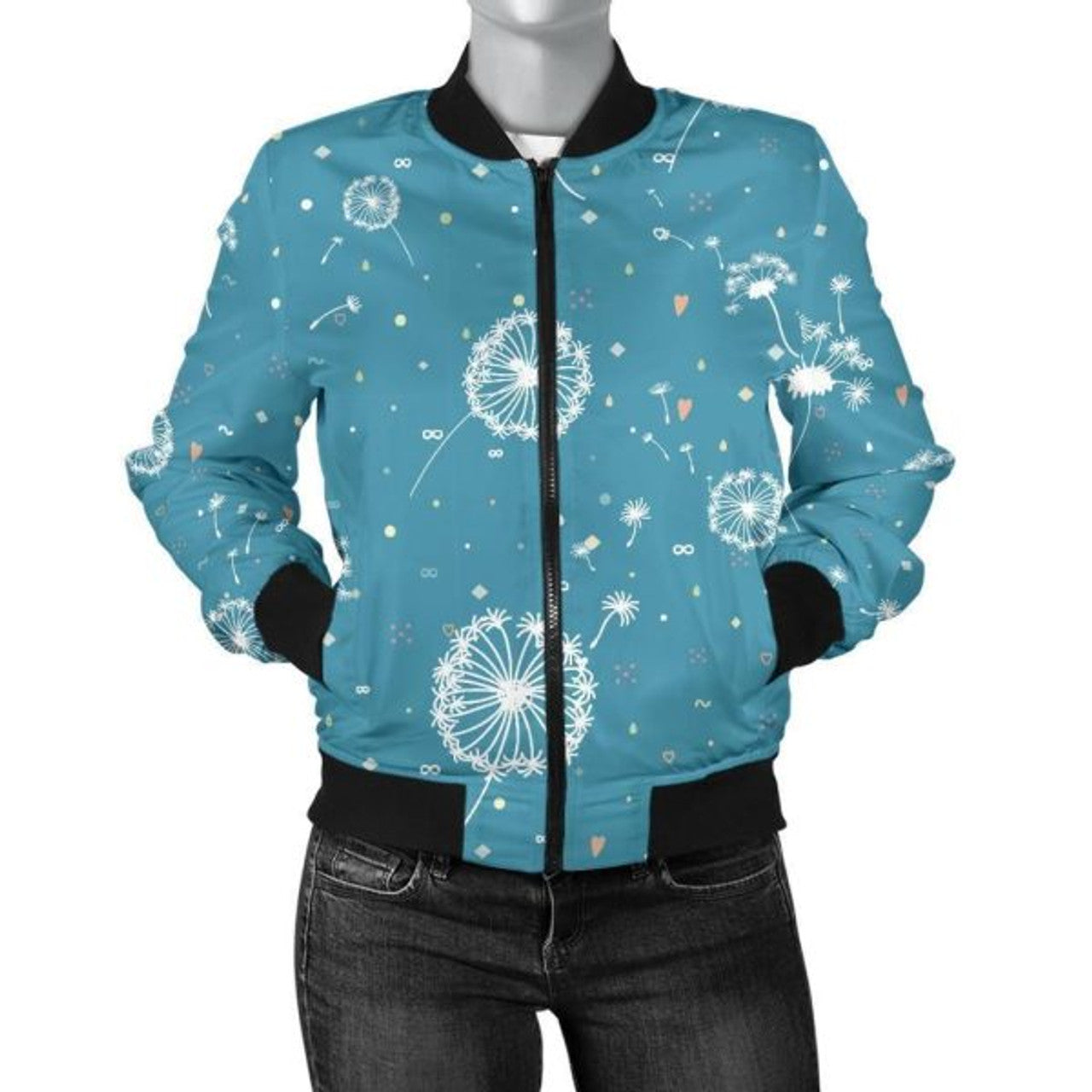 FUNSTUFFPRINT Dandelion Blue Pattern Print Women Casual 3D Bomber Jacket