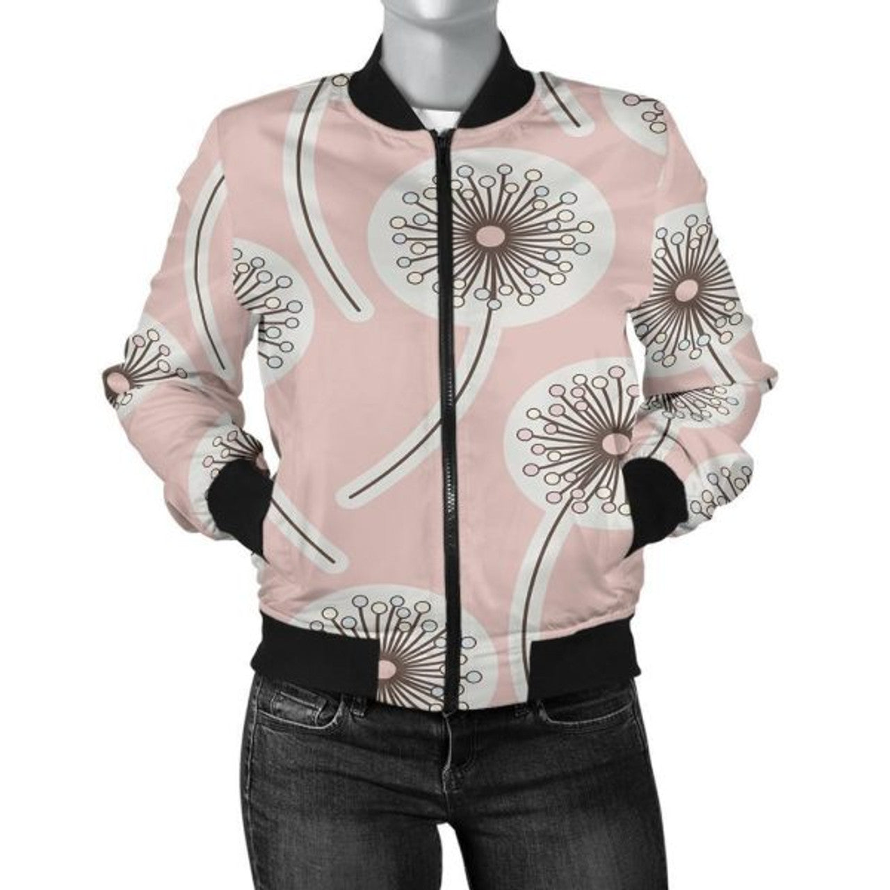 FUNSTUFFPRINT Dandelion Pattern Print Women Casual 3D Bomber Jacket