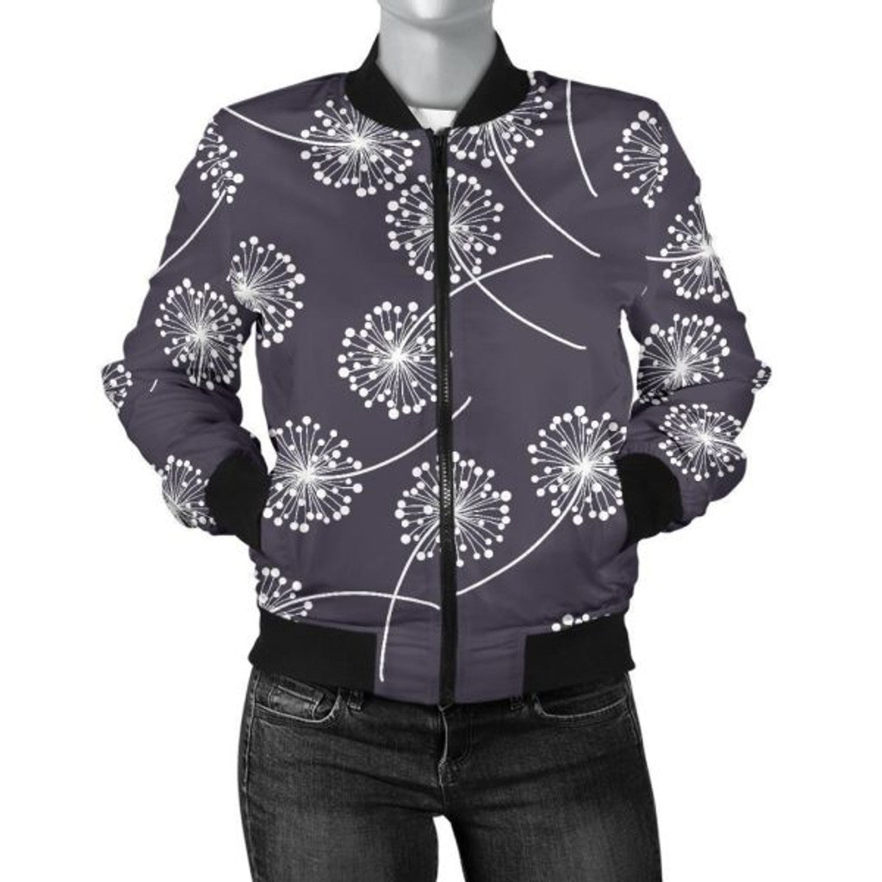 FUNSTUFFPRINT Dandelion Print Pattern Women Casual 3D Bomber Jacket