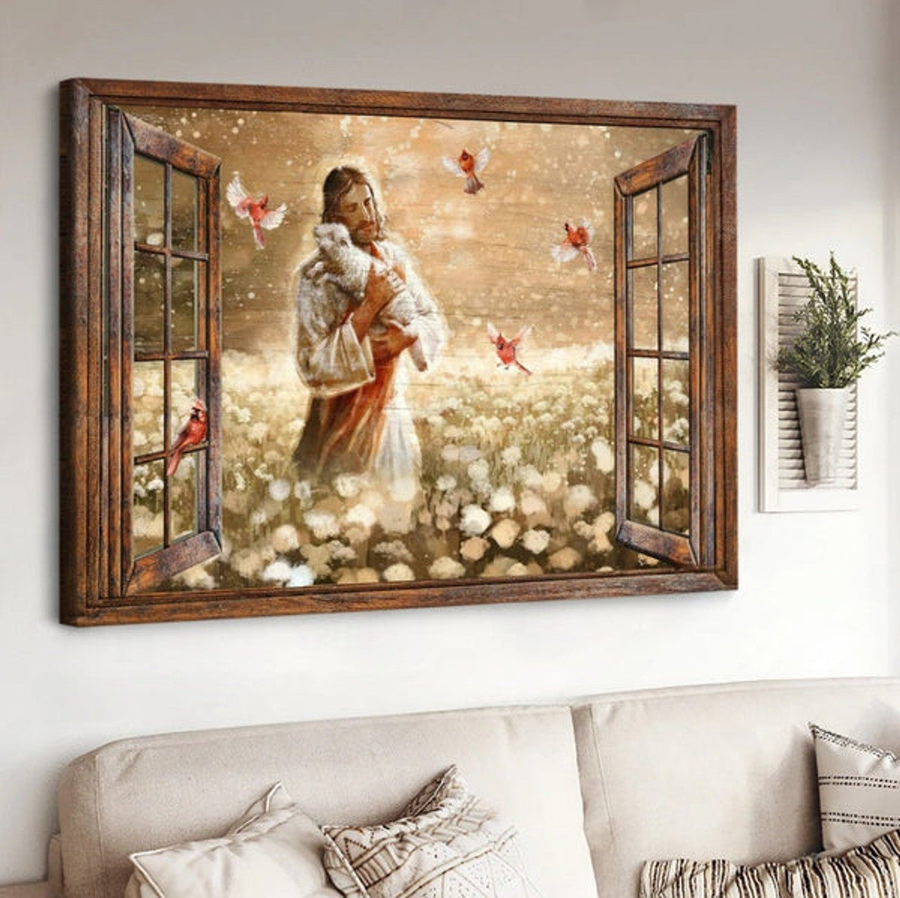 Dandelion Field Jesus Holding Lamb Cardinal Canvas Wall Art - Jesus Canvas Pictures - Christian Wall Posters