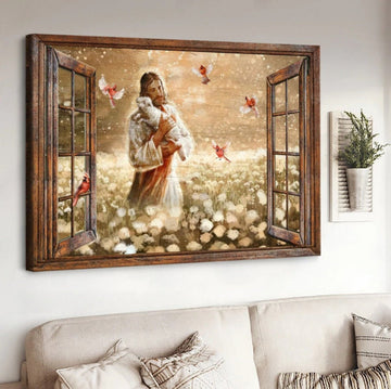 Dandelion Field Jesus Holding Lamb Cardinal Canvas Wall Art - Jesus Canvas Pictures - Christian Wall Posters