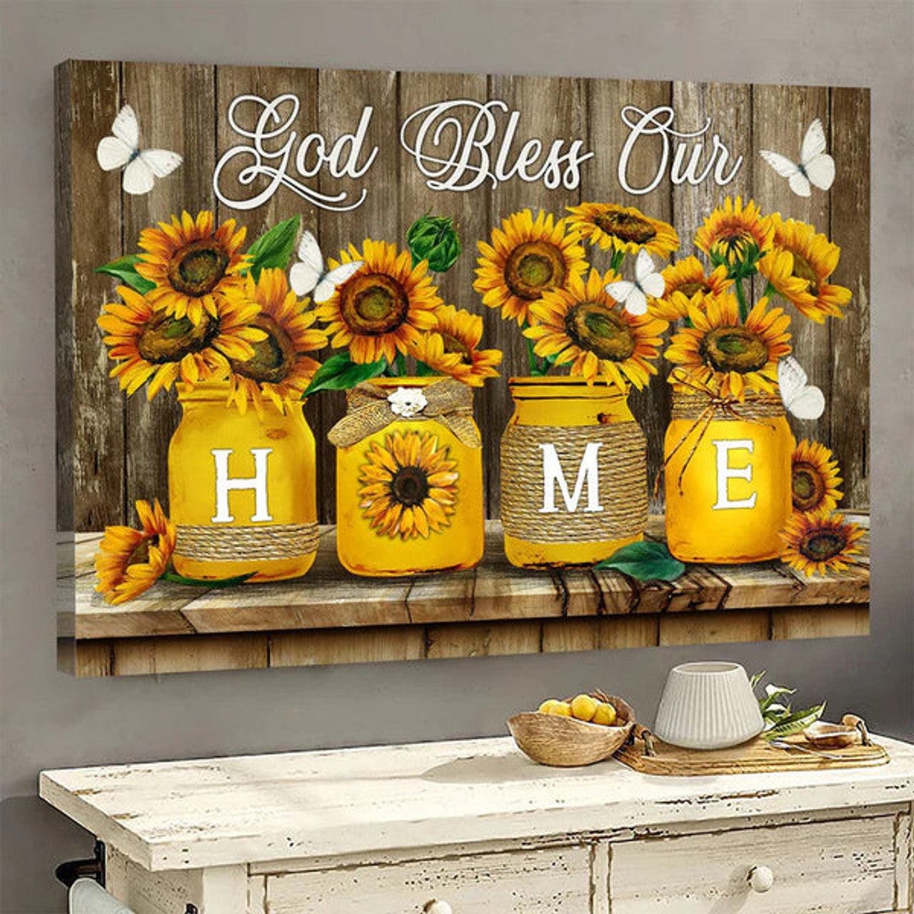 Dark Yellow Sunflower Butterfly Painting Canvas God Bless Our Home Canvas Wall Art - Christian Wall Decor