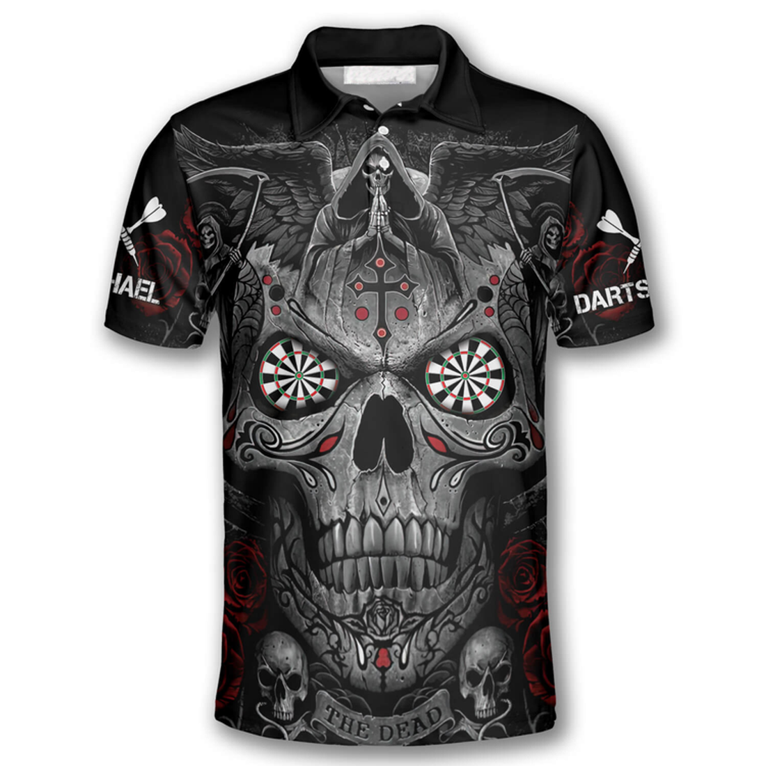 Custom 3D All Over Print Grim Reaper Praying Cross Skull Custom Darts Polo Shirts