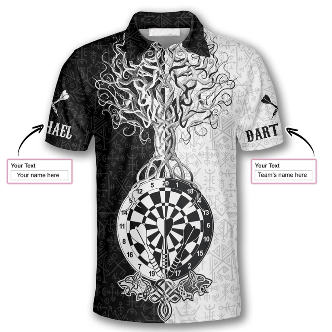 Custom Warrior Viking Black White Custom Darts Shirts For Men, 3D All Over Print Dart Tree Shirt