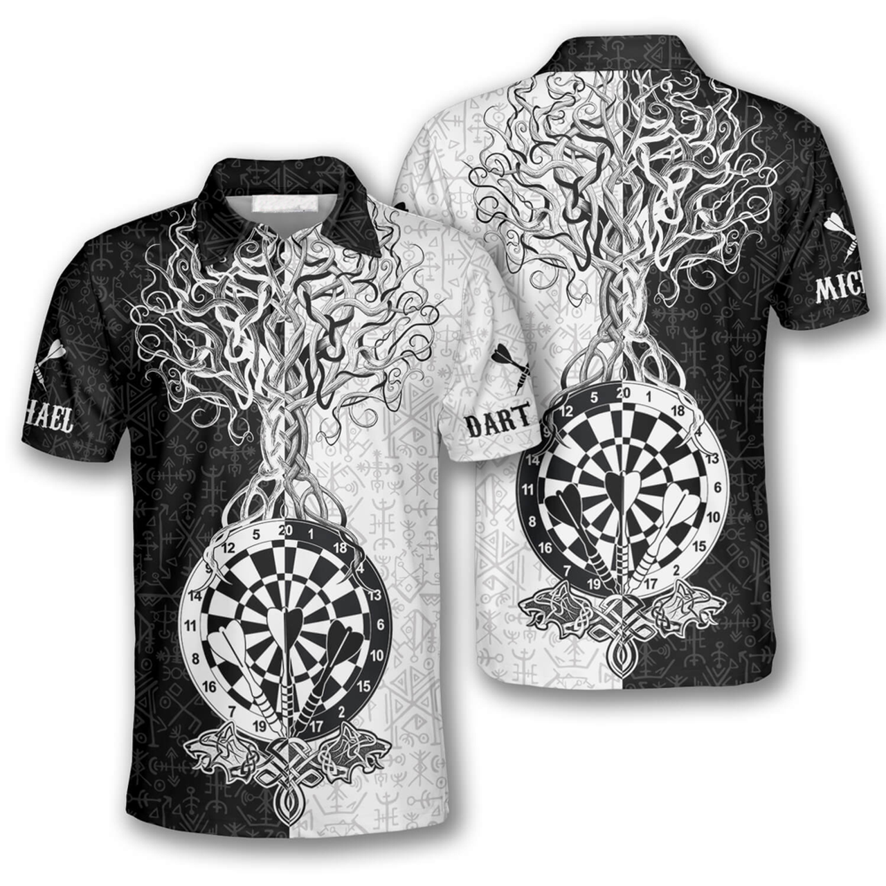 Custom Warrior Viking Black White Custom Darts Shirts For Men, 3D All Over Print Dart Tree Shirt