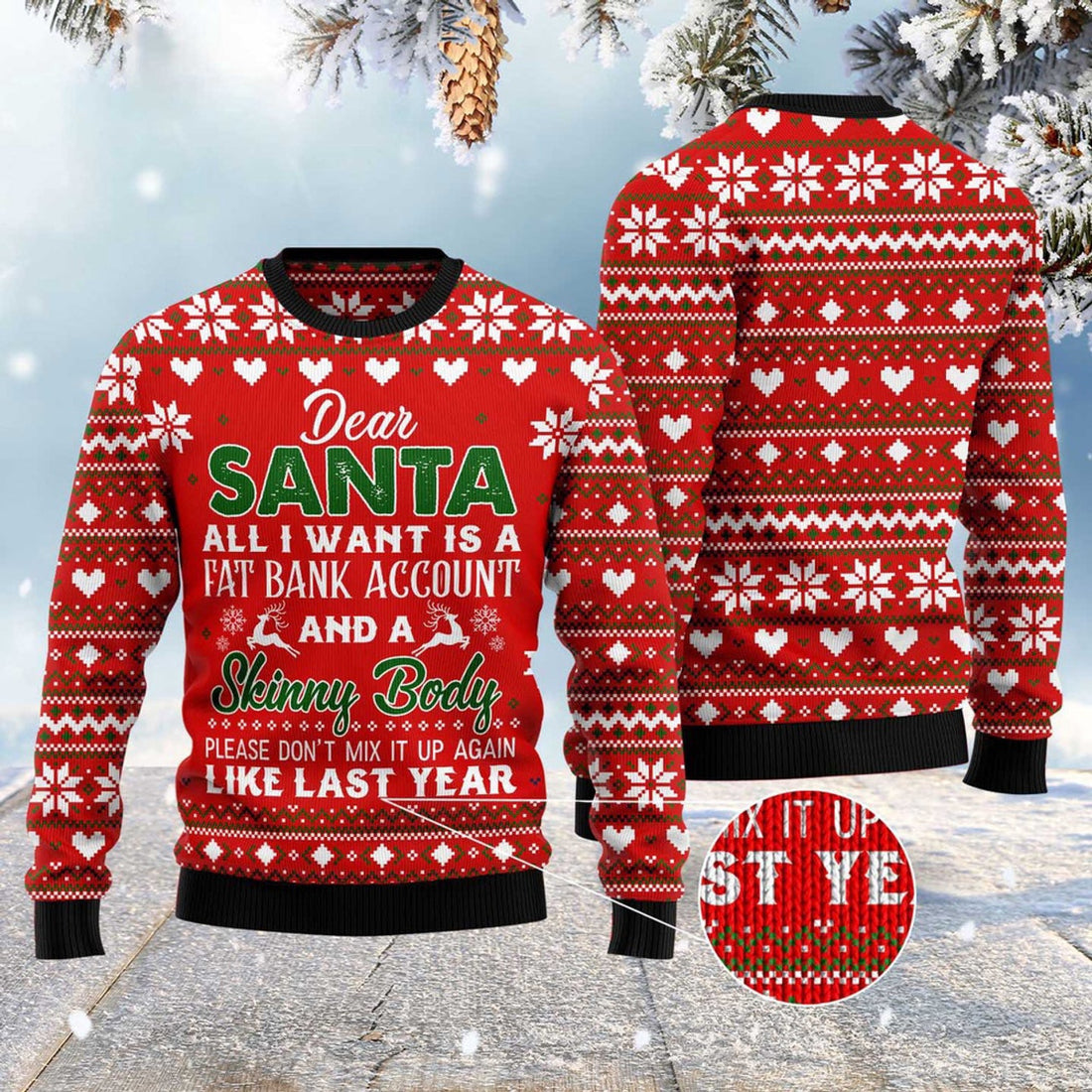 FUNSTUFFPRINT Dear Santa All I Want Fat Bank Account Skinny Body Ugly Christmas Sweater, Christmas Sweater, Ugly Sweater, Funny Xmas Sweaters Ugly Sweater