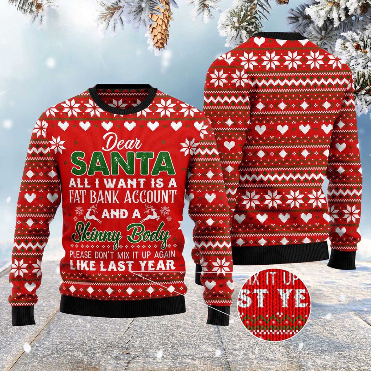 FUNSTUFFPRINT Dear Santa All I Want Fat Bank Account Skinny Body Ugly Christmas Sweater, Christmas Sweater, Ugly Sweater, Funny Xmas Sweaters Ugly Sweater