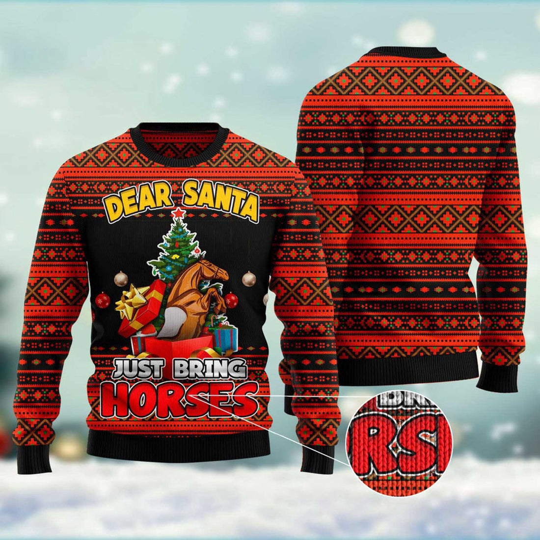 FUNSTUFFPRINT Dear Santa Just Bring Horses Ugly Christmas Sweater, Christmas Sweater, Ugly Sweater, Funny Xmas Sweaters Ugly Sweater