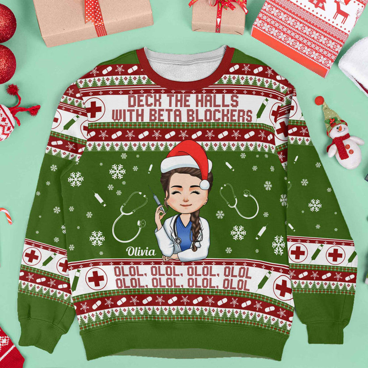 FUNSTUFFPRINT Custom Deck The Halls With Beta Blockers Ugly Sweater