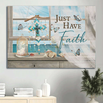 Deep Ocean Colorful Cross Summer Vibe Blue Butterfly Canvas Just Have Faith Canvas Wall Art - Christian Wall Decor
