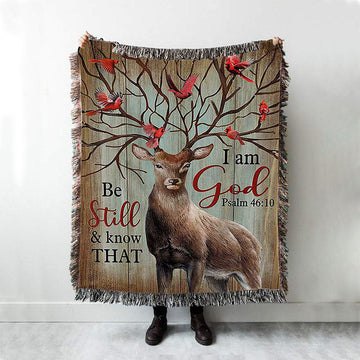 Deer Cardinal Be Still And Know That I Am God Woven Blanket Art - Bible Verse Throw Blanket - Christian Inspirational Boho Blanket