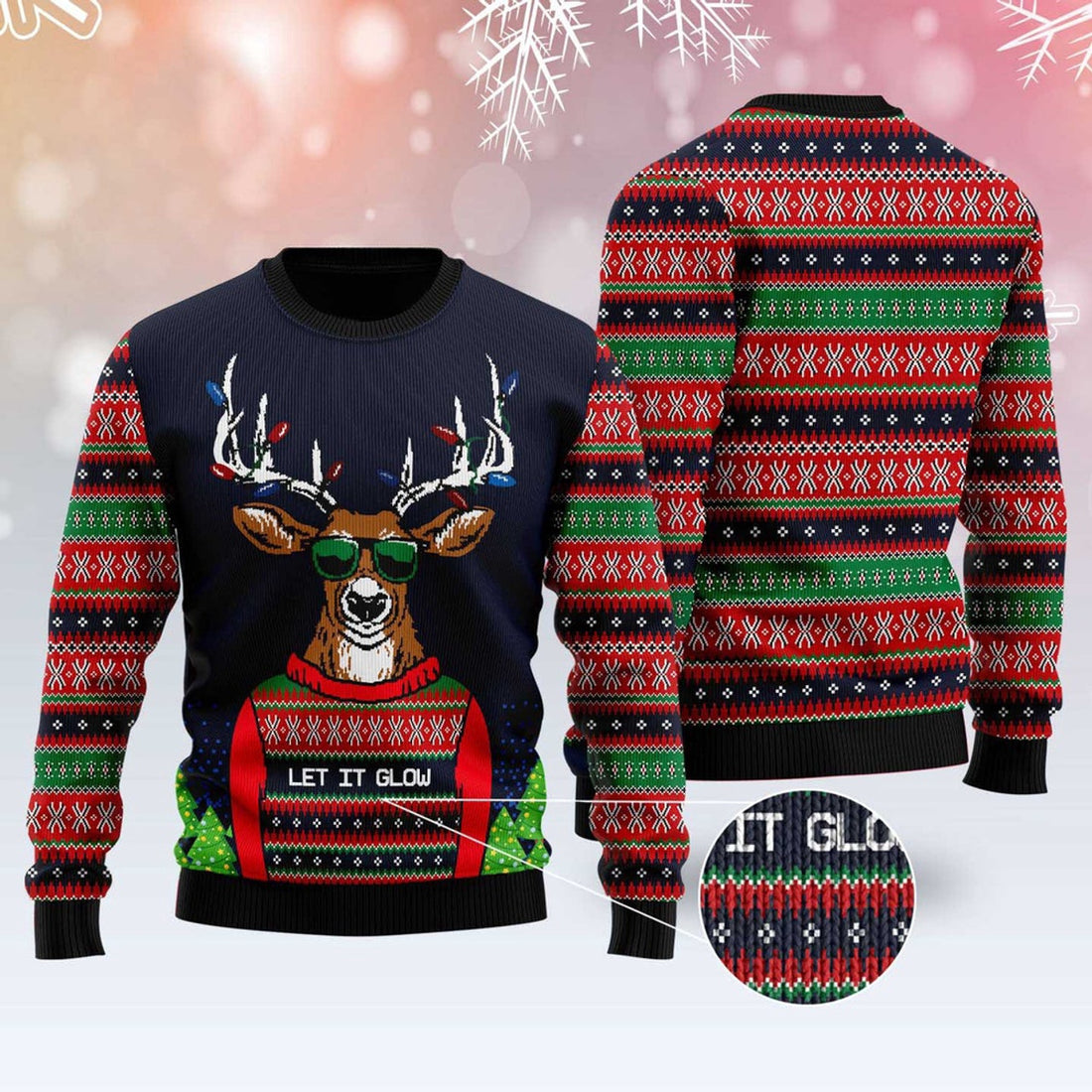 FUNSTUFFPRINT Deer Let It Glow Ugly Christmas Sweater, Christmas Sweater, Ugly Sweater, Funny Xmas Sweaters Ugly Sweater