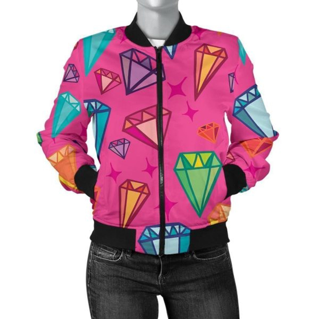 FUNSTUFFPRINT Diamond Colorful Pattern Print Women Casual 3D Bomber Jacket