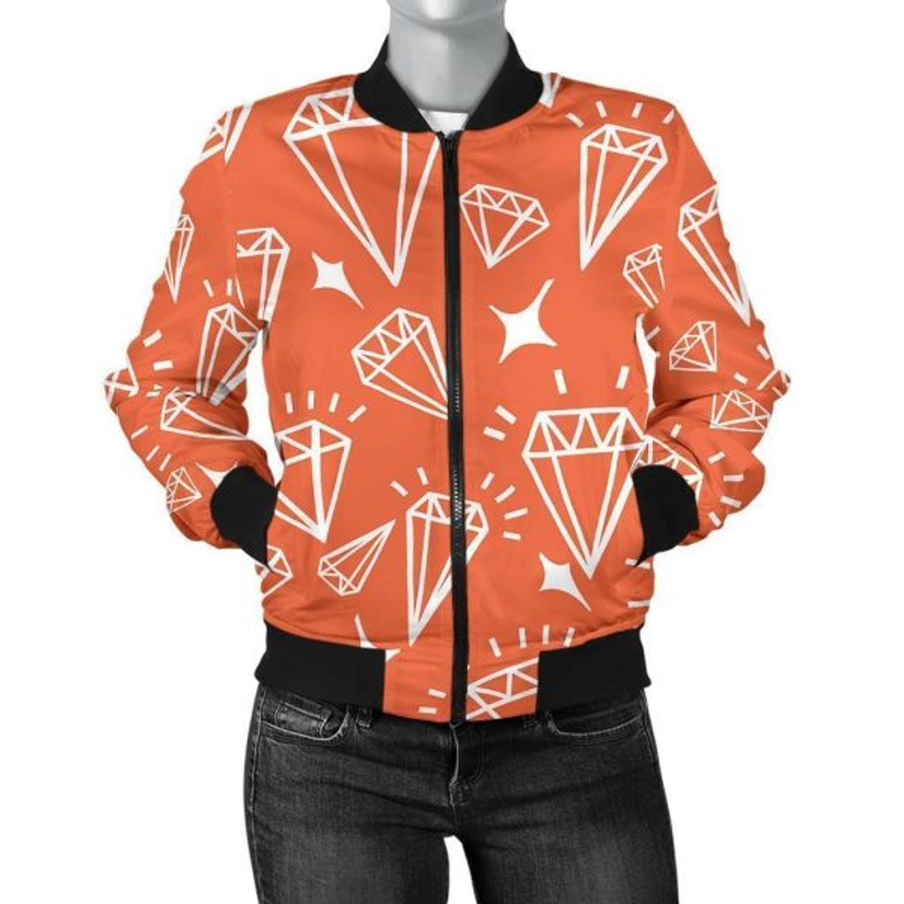 FUNSTUFFPRINT Diamond Orange Print Pattern Women Casual 3D Bomber Jacket