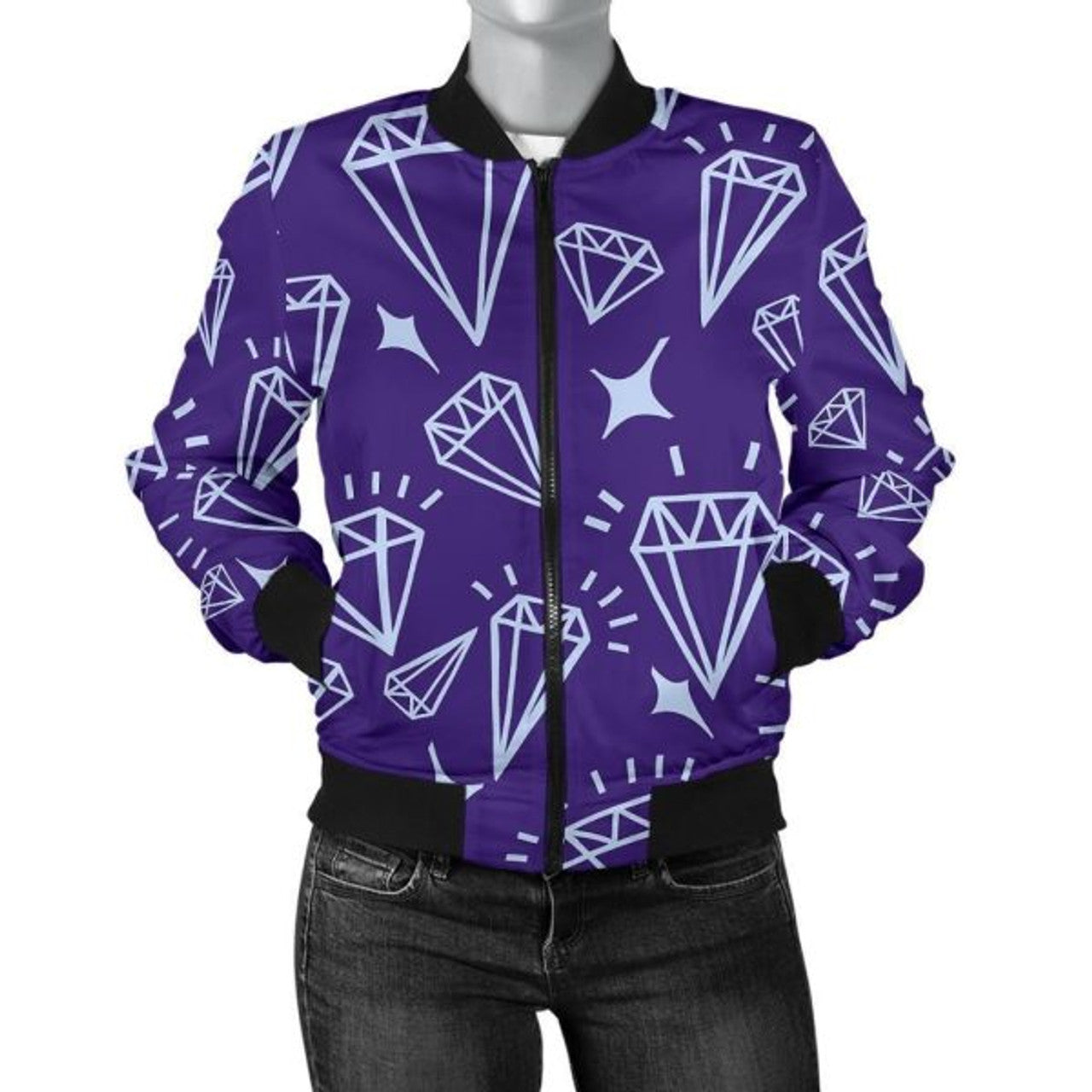 FUNSTUFFPRINT Diamond Purple Print Pattern Women Casual 3D Bomber Jacket