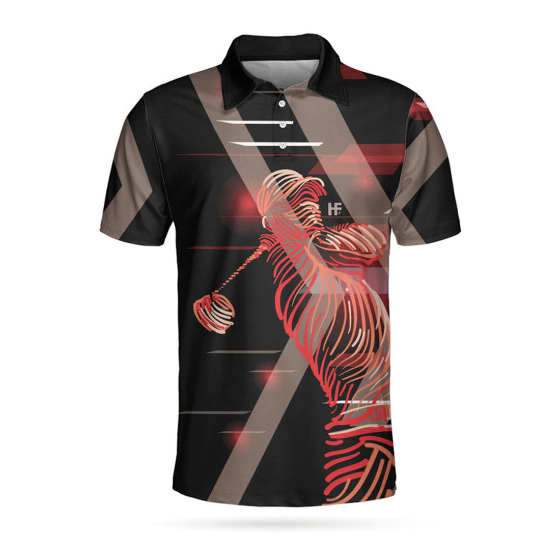 Digital Golf Style Polo Shirt, Short Sleeve Black And Red Golfer Golf Shirt For Men