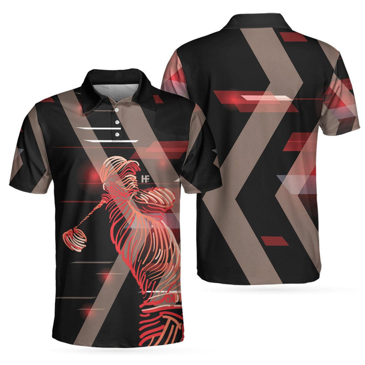 Digital Golf Style Polo Shirt, Short Sleeve Black And Red Golfer Golf Shirt For Men