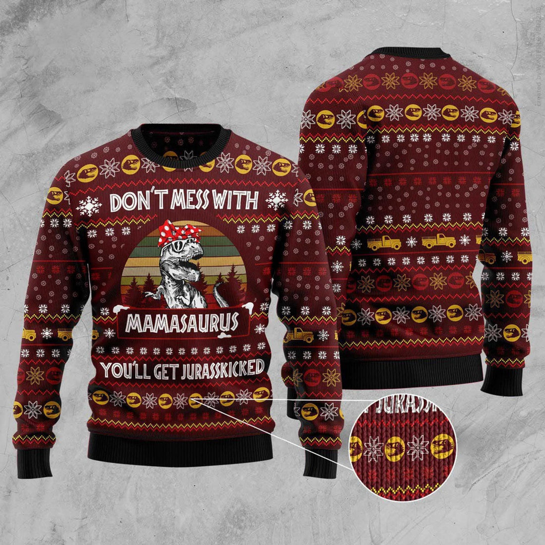 FUNSTUFFPRINT Dinosaur Mom Ugly Christmas Sweater, Christmas Sweater, Ugly Sweater, Funny Xmas Sweaters Ugly Sweater