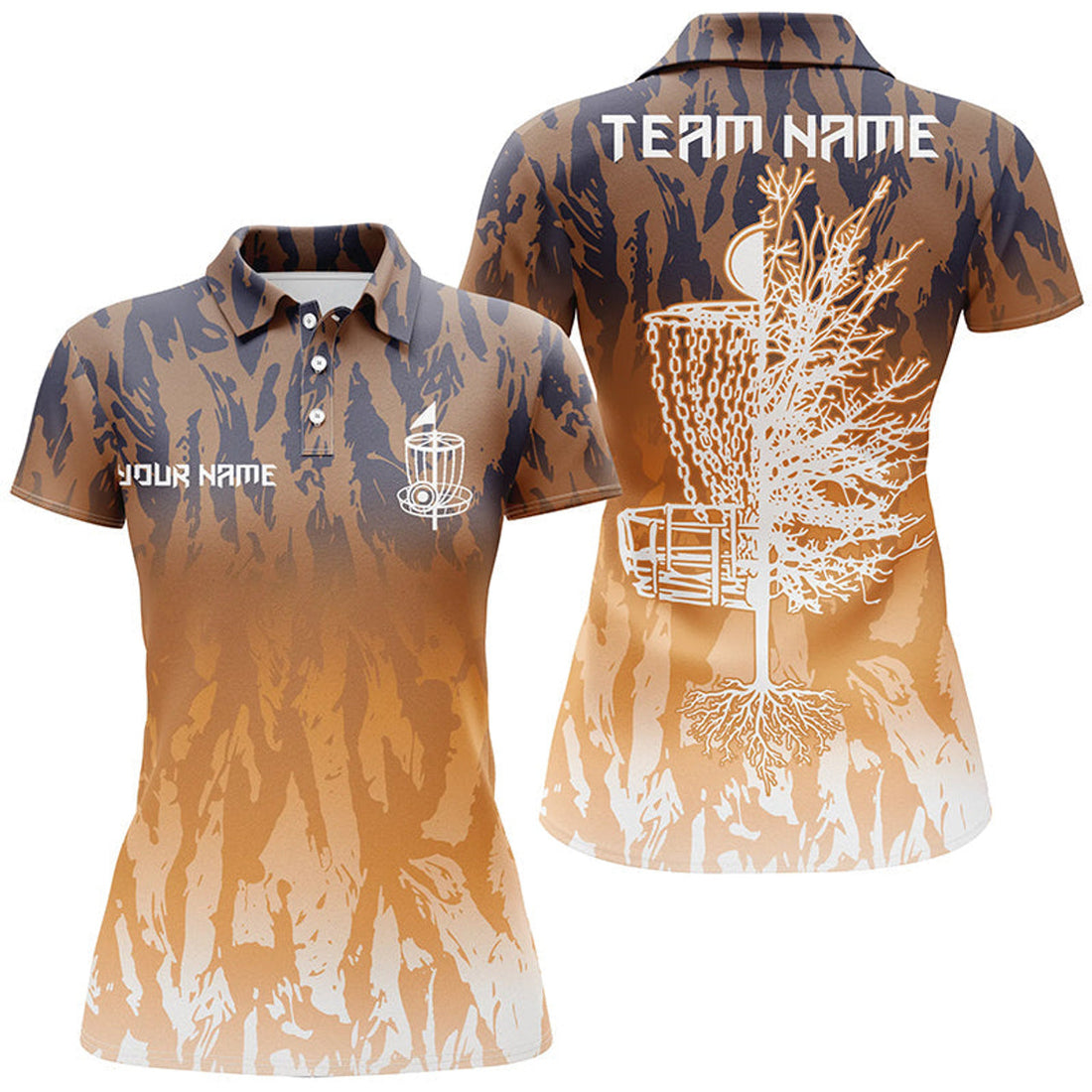 Custom Disc Golf Basket Orange Camo Women Polo Shirts Custom Name Disc Golf Team Shirts For Women, Perfect Gift For Women