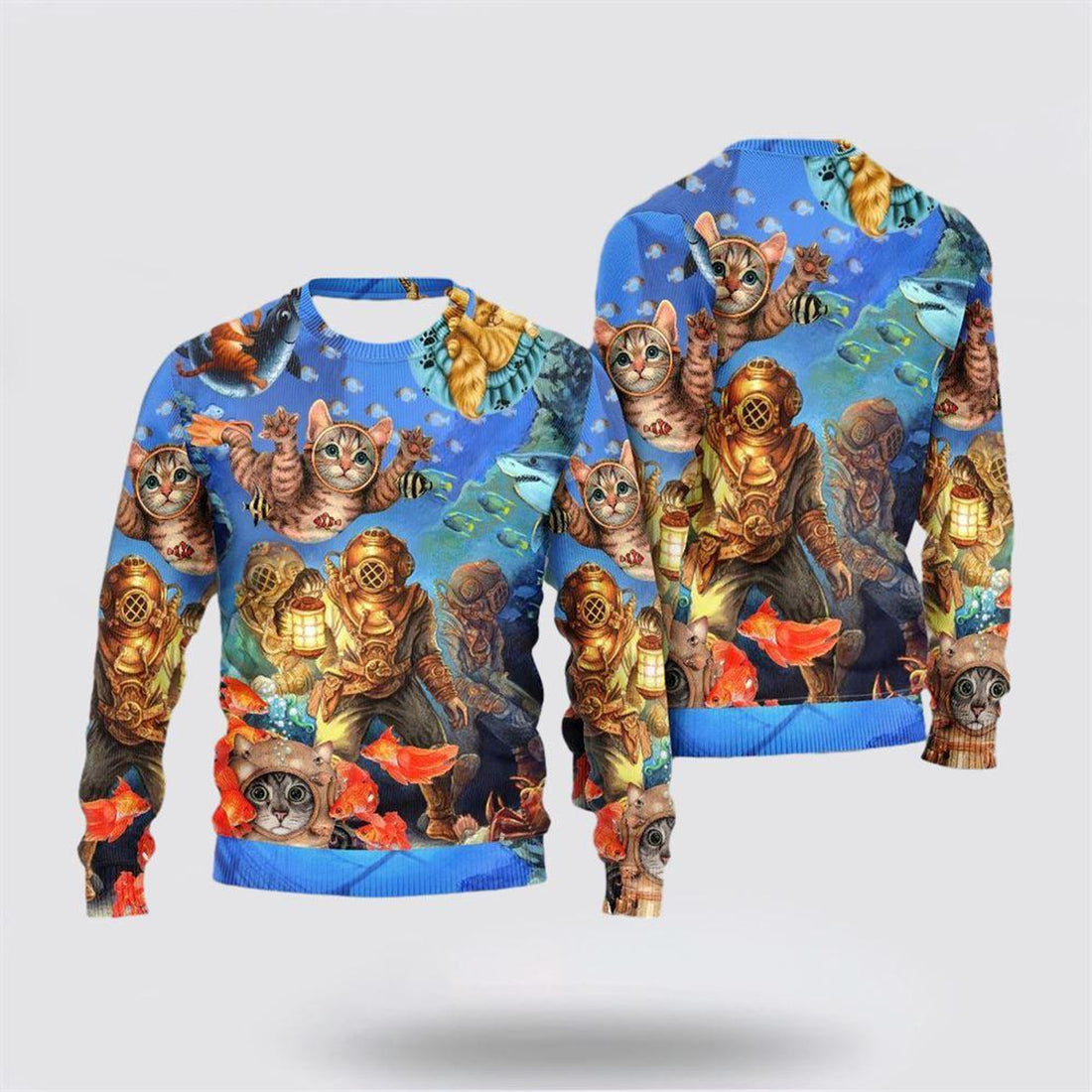 FUNSTUFFPRINT Diving Cat Under The Sea Art Style Ugly Christmas Sweater – Cat Lover Christmas Sweater Ugly  Sweater
