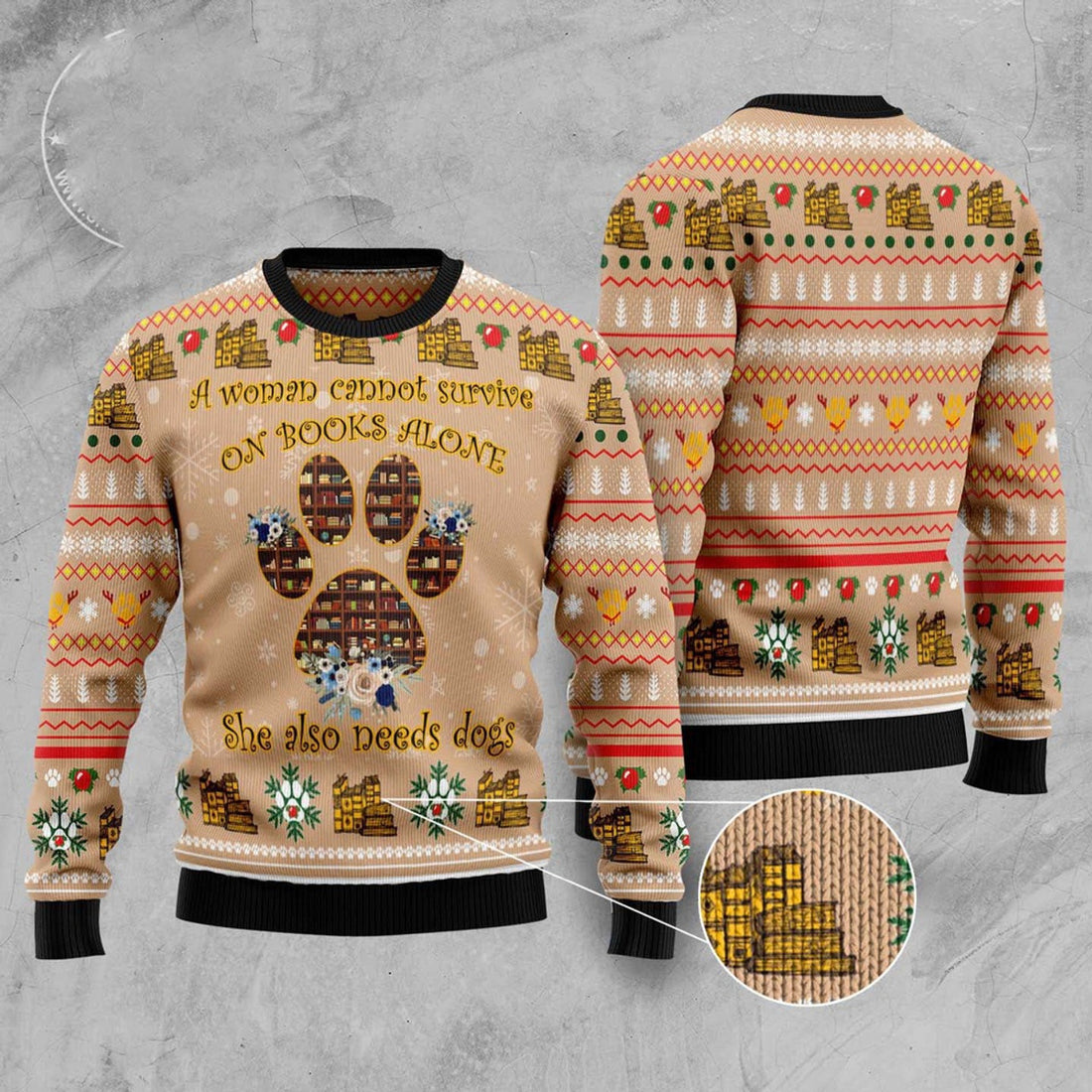 FUNSTUFFPRINT Dog And Book Lover Ugly Christmas Sweater, Dog Ugly Christmas Sweater, Ugly Dog Sweaters Ugly  Sweater
