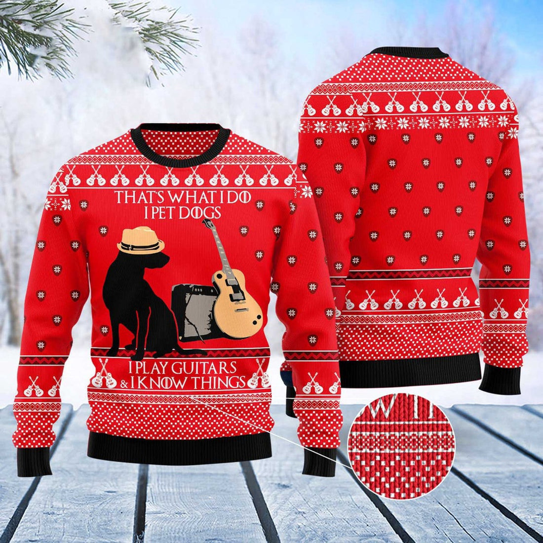 FUNSTUFFPRINT Dog Guitar Christmas Ugly Christmas Sweater, Dog Ugly Christmas Sweater, Ugly Dog Sweaters Ugly  Sweater