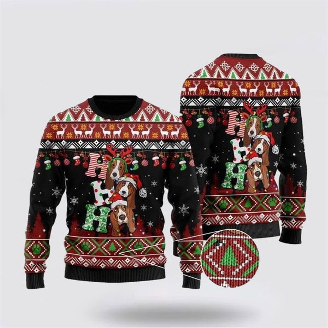 FUNSTUFFPRINT Dog Lover Basset Hound Ho Ho Ho Ugly Christmas Sweater For Men And Women, Gift For Christmas, Best Winter Christmas Outfit Ugly  Sweater