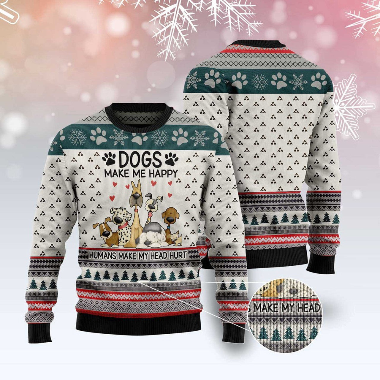 FUNSTUFFPRINT Dogs Make Me Happy Humans Make My Head Hurt Ugly Christmas Sweater, Dog Ugly Christmas Sweater, Ugly Dog Sweaters Ugly  Sweater