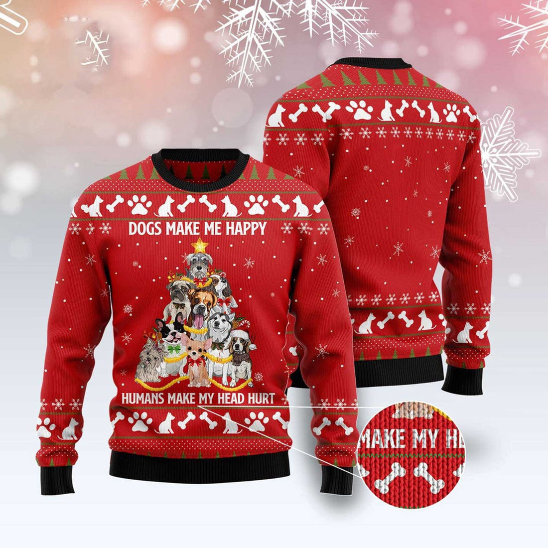 FUNSTUFFPRINT Dogs Make Me Happy Ugly Christmas Sweater, Dog Ugly Christmas Sweater, Ugly Dog Sweaters Ugly  Sweater