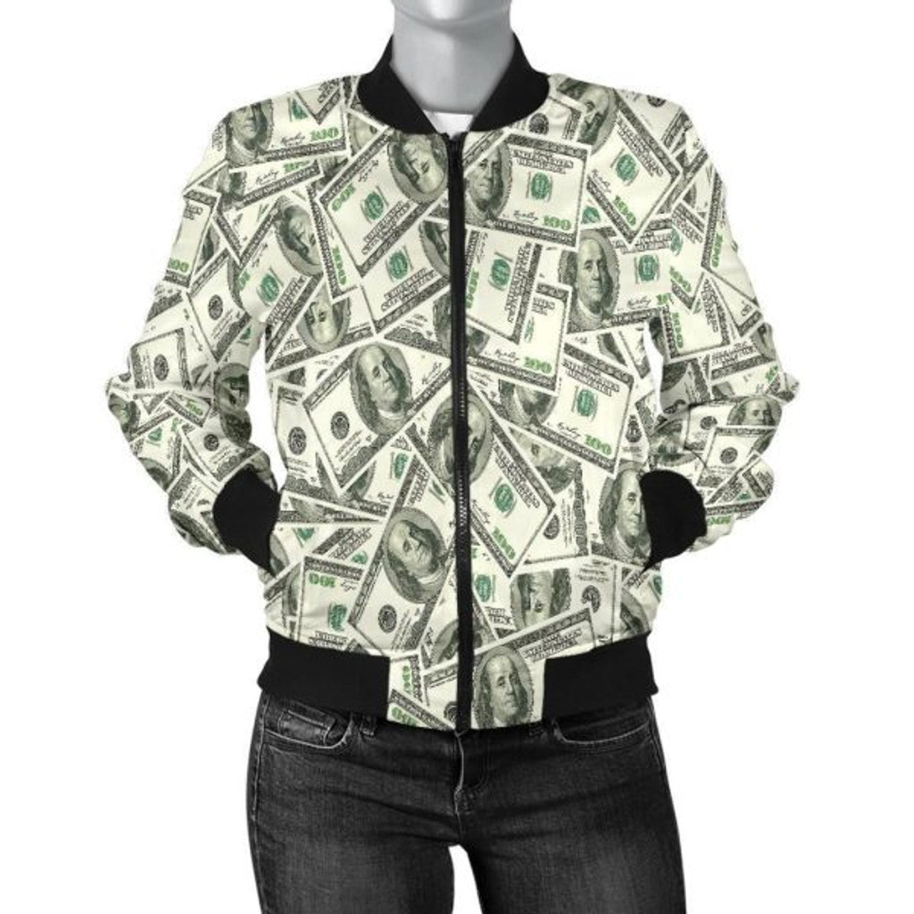 FUNSTUFFPRINT Dollar Money Pattern Print Women Casual 3D Bomber Jacket