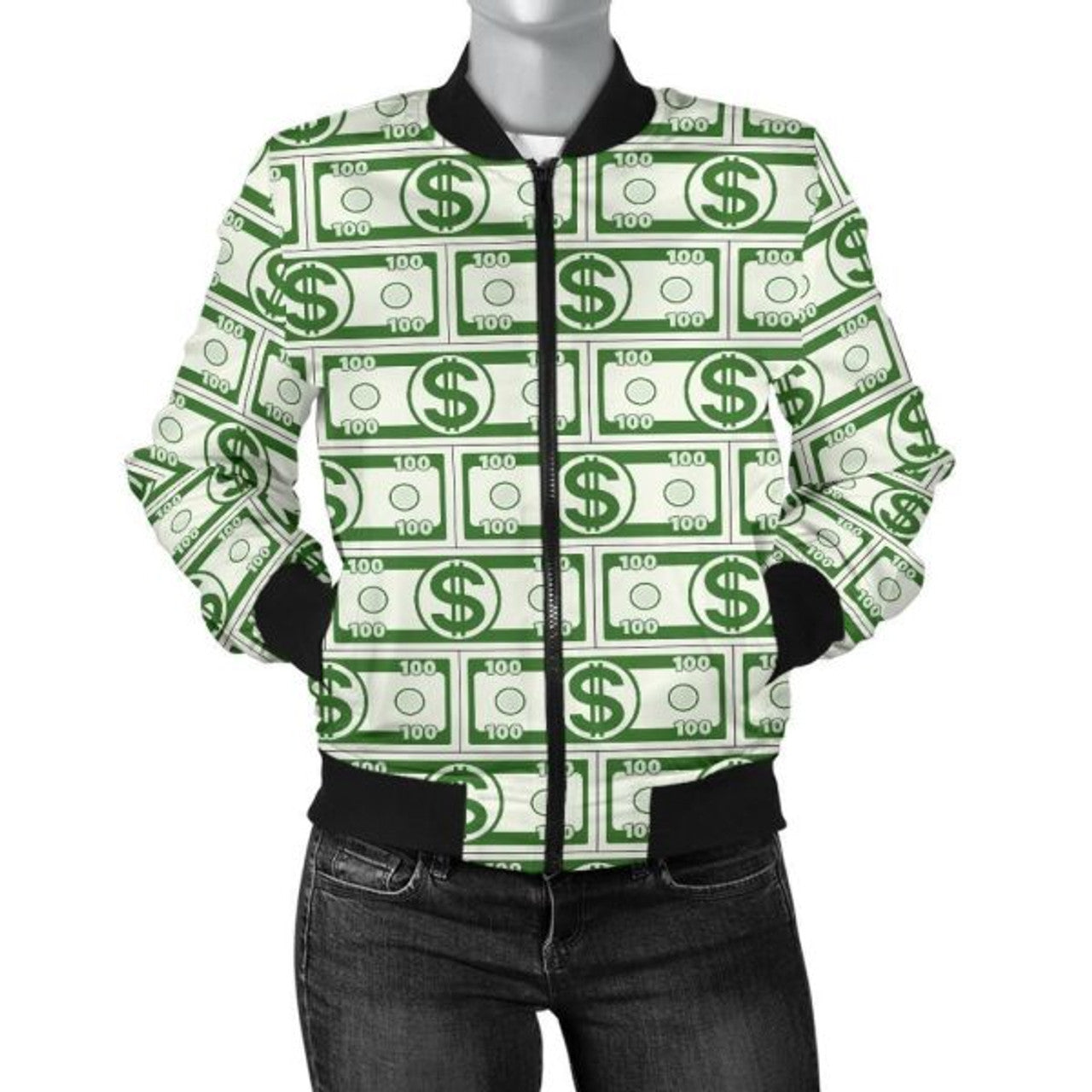 FUNSTUFFPRINT Dollar Money Print Pattern Women Casual 3D Bomber Jacket