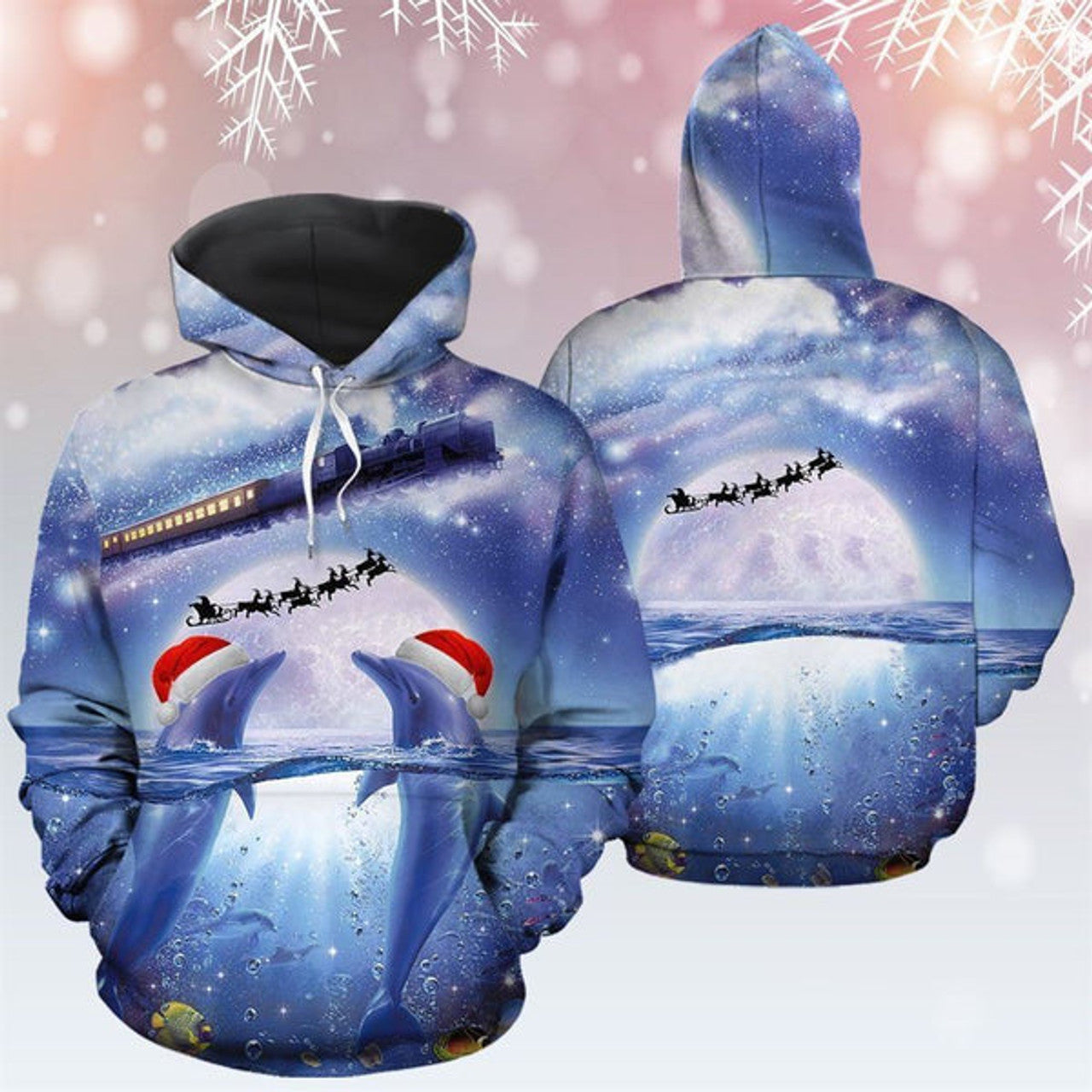 FUNSTUFFPRINT 3D Dolphin Christmas All Over 3D Hoodie and Zip Hoodie