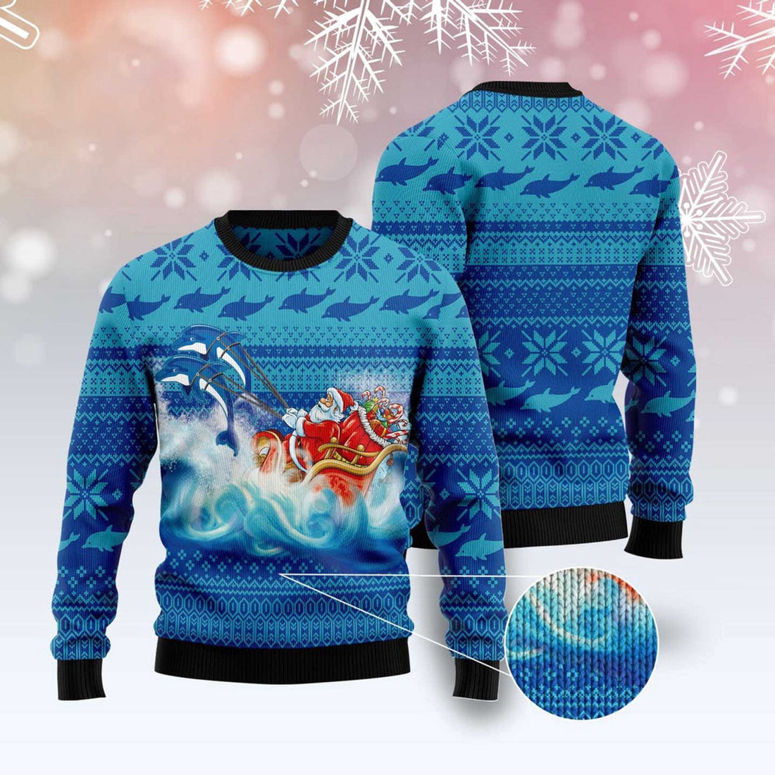 FUNSTUFFPRINT Dolphin Riding The Waves With Santa Ugly Christmas Sweater, Christmas Sweater, Ugly Sweater, Funny Xmas Sweaters Ugly Sweater