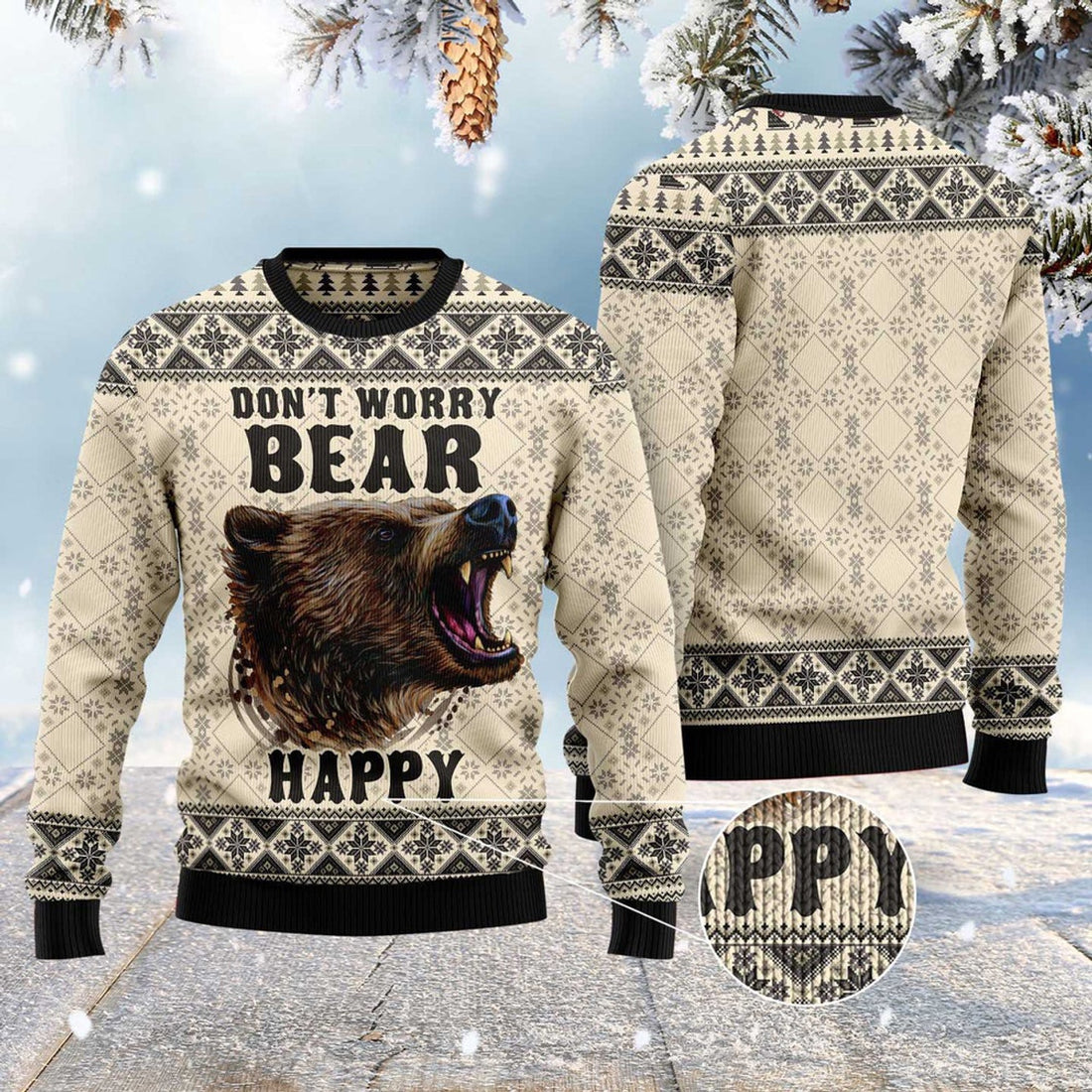 FUNSTUFFPRINT Don'T Worry Bear Happy Ugly Christmas Sweater, Christmas Sweater, Ugly Sweater, Funny Xmas Sweaters Ugly Sweater