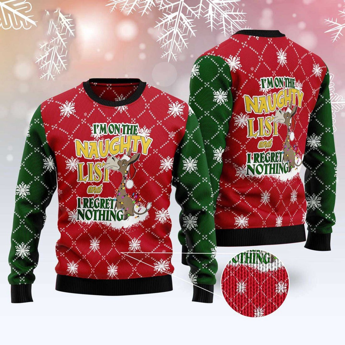 FUNSTUFFPRINT Donkey Naughty List Ugly Christmas Sweater, Christmas Sweater, Ugly Sweater, Funny Xmas Sweaters Ugly Sweater