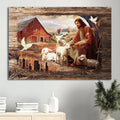 Dove Jesus Painting Peaceful Farm Sitting With The Lambs Canvas Wall Art - Christian Wall Decor