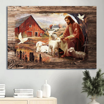 Dove Jesus Painting Peaceful Farm Sitting With The Lambs Canvas Wall Art - Christian Wall Decor