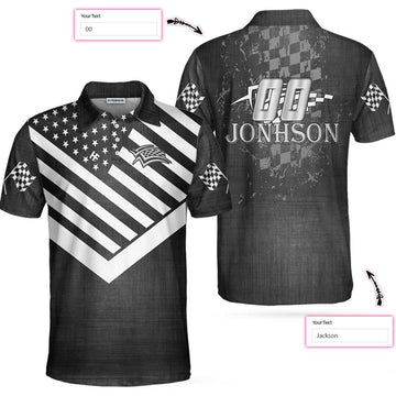 Custom Drag Racing Custom Polo Shirt, Black American Flag Racing Shirt For Men, Short Sleeve Men Polo Shirt , Best Gift For Men Golfers