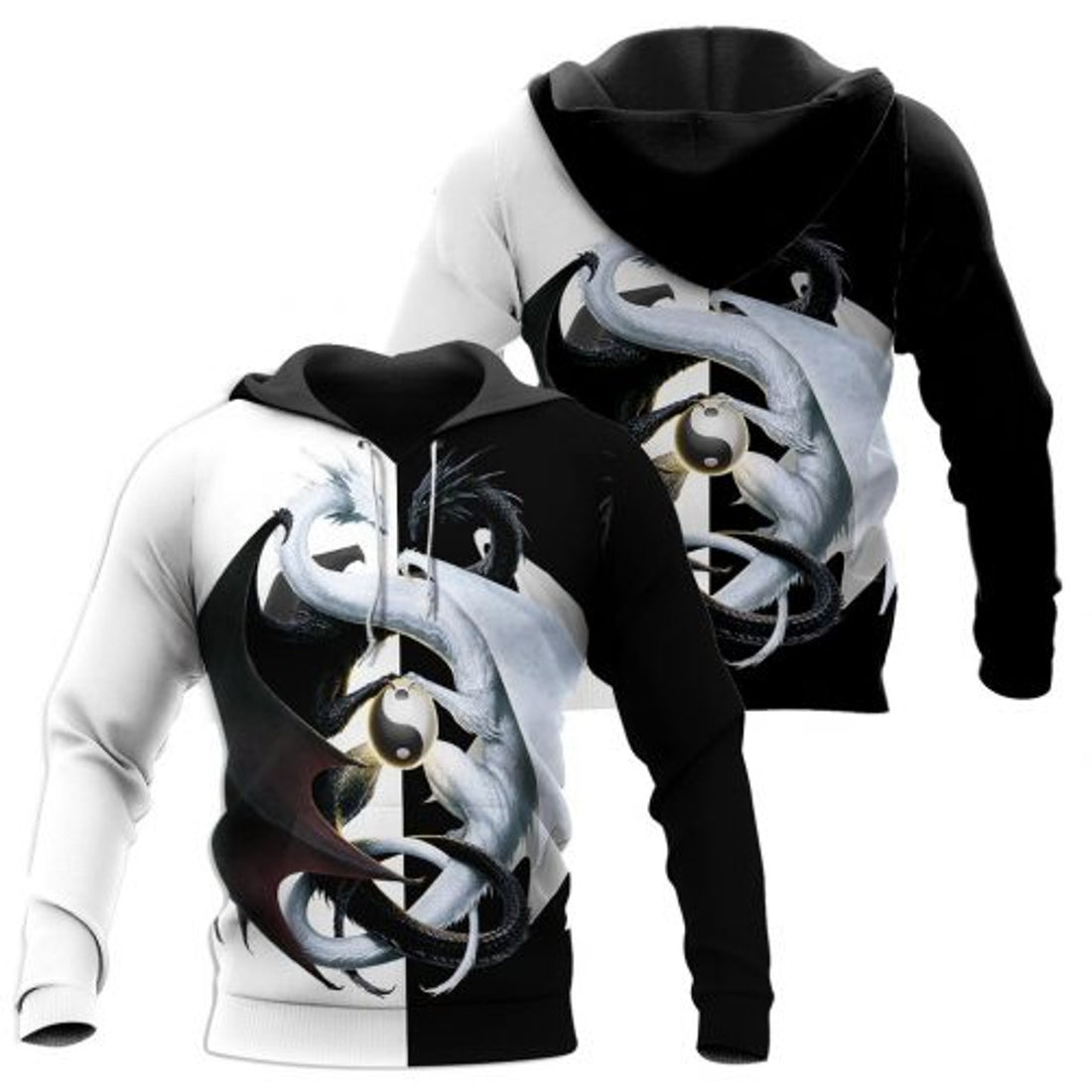 FUNSTUFFPRINT Dragon Couple Yin Yang 3D All Over Hoodie Black And White 3D Hoodie and Zip Hoodie