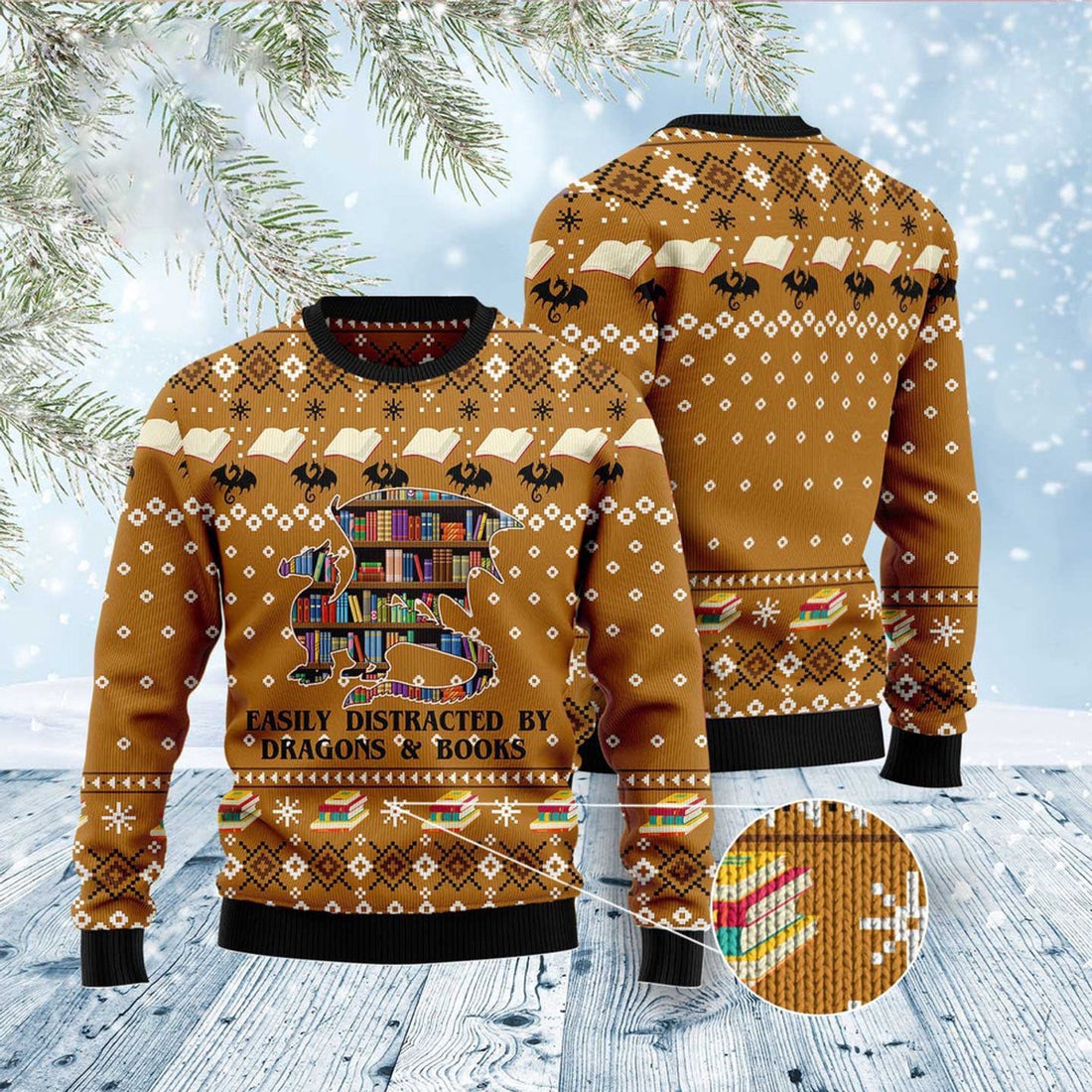 FUNSTUFFPRINT Dragon And Book Ugly Christmas Sweater, Christmas Sweater, Ugly Sweater, Funny Xmas Sweaters Ugly Sweater